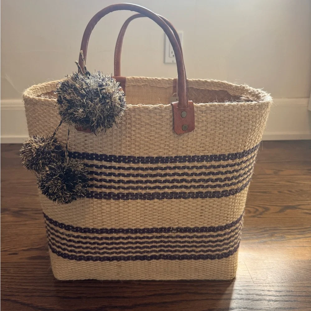Mar Y Sol Woven Straw Tote Bag with Navy Stripes and Pom-Pom Accents